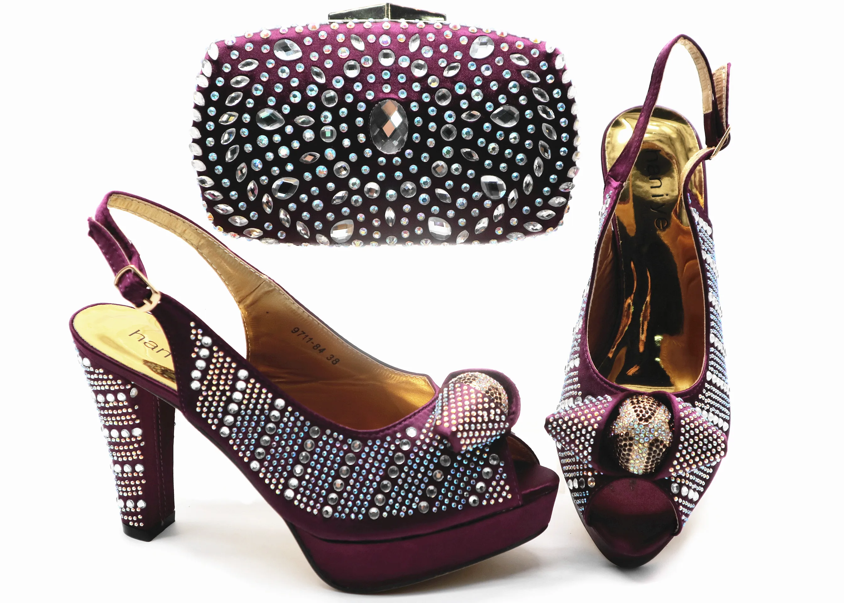 

Purple full stones sandal shoes and clutches bag set SB8409-2 free shipping italian shoes and bag set for african aso ebi party