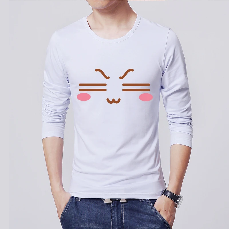 

Men Plus Size Shirt Top T-Shirts Men Face Printed O Neck Long Sleeve Shirt Top for Men's Clothing White Cotton Tops