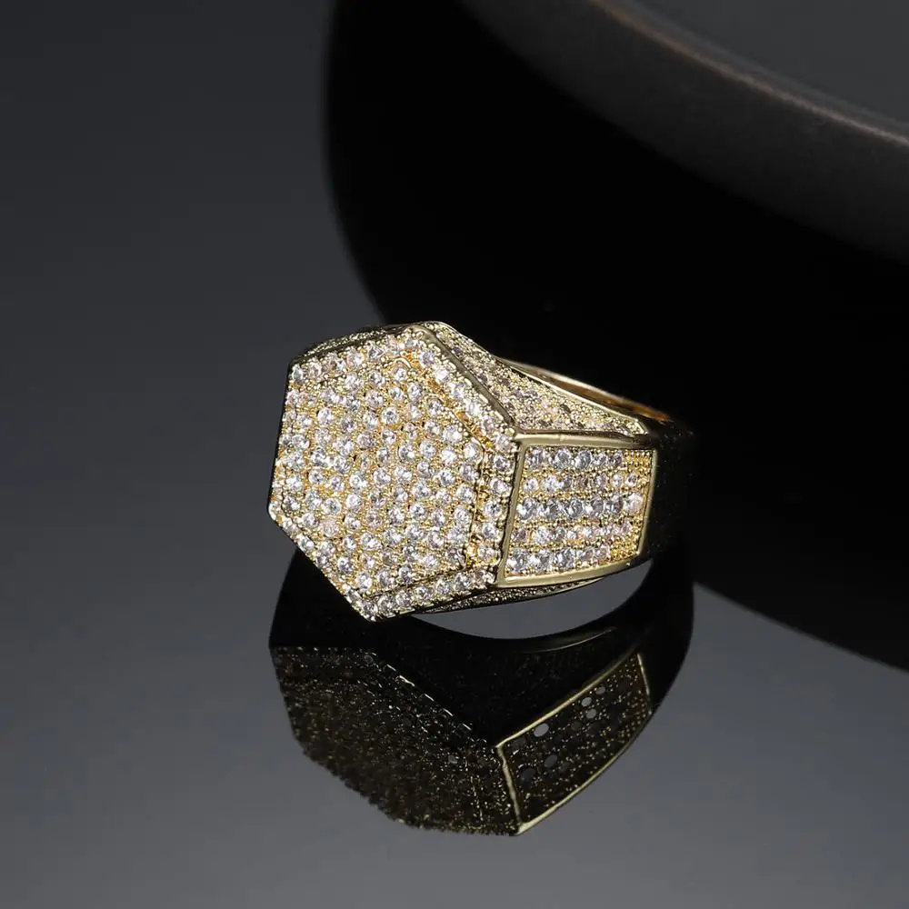 

Hip Hop Fashion Ring Copper Gold Silver Color Ice Out Bling MicropavÃ© Cubic Zirconia Geometric Ring Charm Gifts for Men and Wome