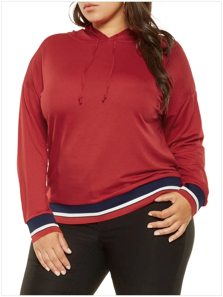 Tricolor Striped Trim Plus Size Hoodie Large Women's Blouse Stripe Long Sleeve Loose Hat Guard