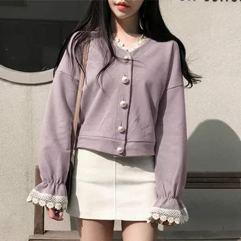 

Women Autumn Cotton short Jacket Coat Lace Collar Pearl Button v neck Cardigan Plus Size Long Sleeve Petal Sleeve outwear