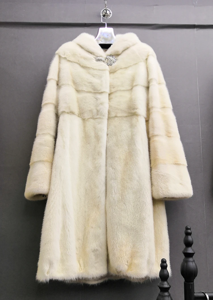 Beige Женская Меховая зимняя длинная норковая шуба для женщин, свободный стиль, натуральная Шуба с норковым меховым капюшоном, роскошное теплое Женское пальто оверсайз - Цвет: Beige