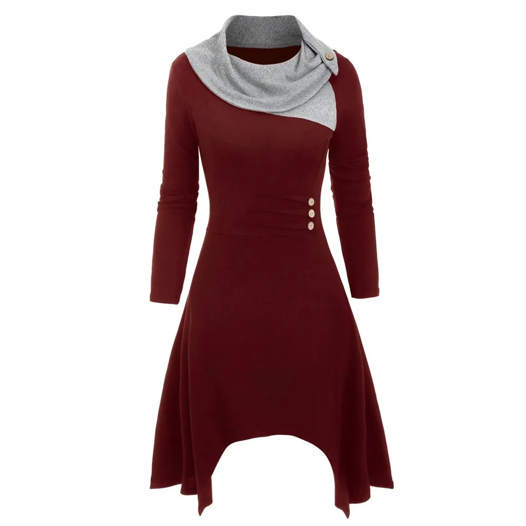Feitong Женская мода размера плюс шарф шеи платья пуговицы лоскутное асимметричное вязаное платье зимние платья