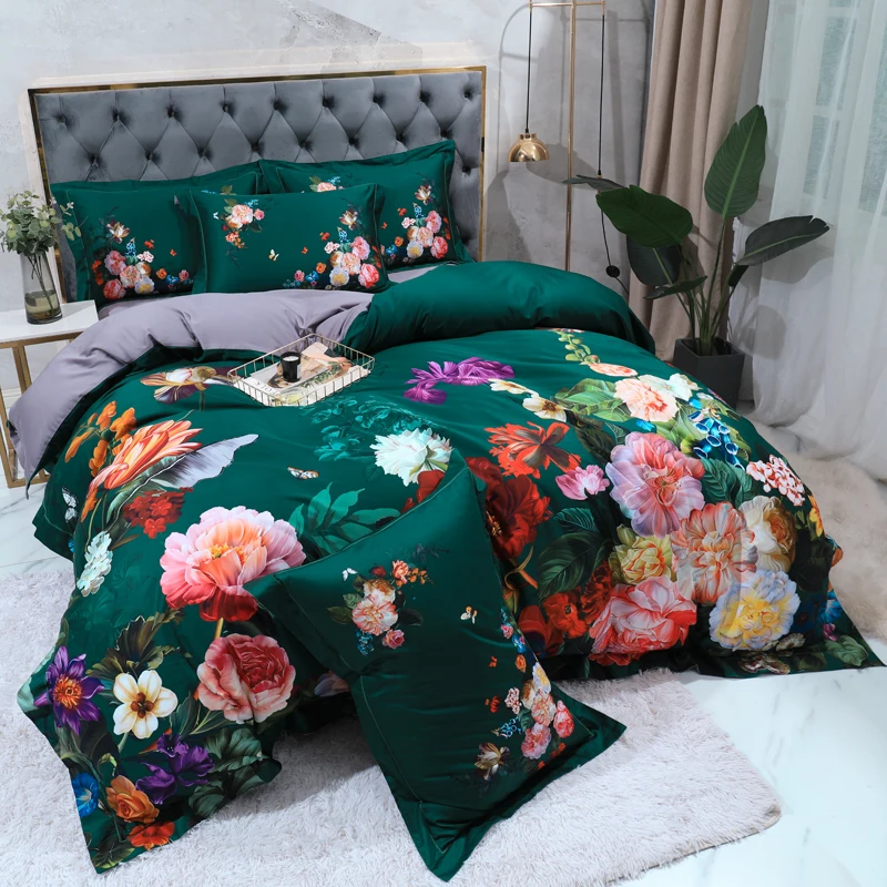 100% Egyptian Cotton US size Bedding Queen King size 4Pcs Birds and Flowers Leaf Gray Shabby Duvet Cover Bed sheet Pillow shams