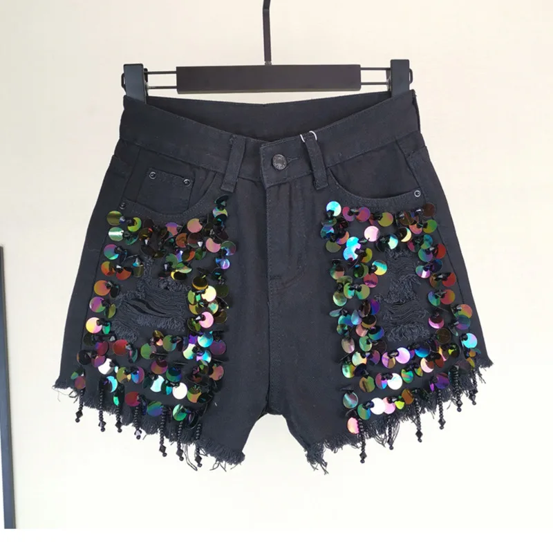 

DEAT 2019 Summer High Waist Loose Sequins Riped Black Denim Shorts Women MG212