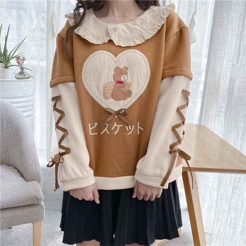 Японский милый медведь Лолита Женская Толстовка Зимняя кукла воротник Kawaii Мультфильм Графический подростковый свитер для девочек Теплый Женский пуловер