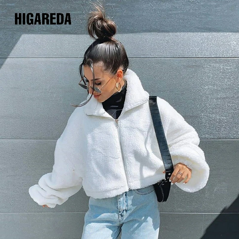 

HIGAREDA Autumn Casual White Fur Teddy Coat Furry Crop Jacket Long Sleeve Elegant Faux Lamb Fur Overcoat High Street Winter