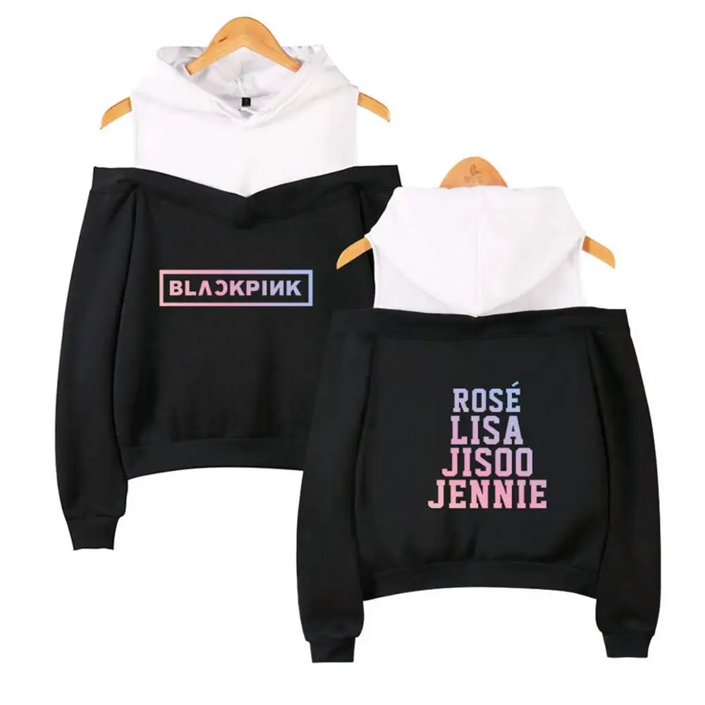 Mainlead Kpop черная розовая толстовка с открытыми плечами Lisa Rose Jennie Jisoo куртка