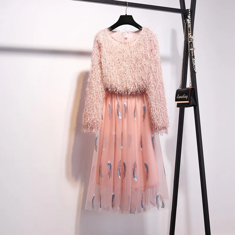 Модный комплект из двух предметов, осень, Женский однотонный пуловер с кисточками, топ+ длинная сетчатая юбка с вышивкой из перьев
