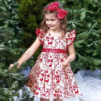 

2019 Christmas Toddler Kids Baby Girls Clothes Cute Deer Bowknot Pageant Party Formal Dress+Headband Outfit Set
