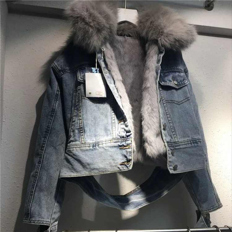 New Loose Women Denim Coat Female Real Rabbit Fur Line Denim Jacket Long Sleeve Jeans Jacket With Fur Parka Outwear Thick