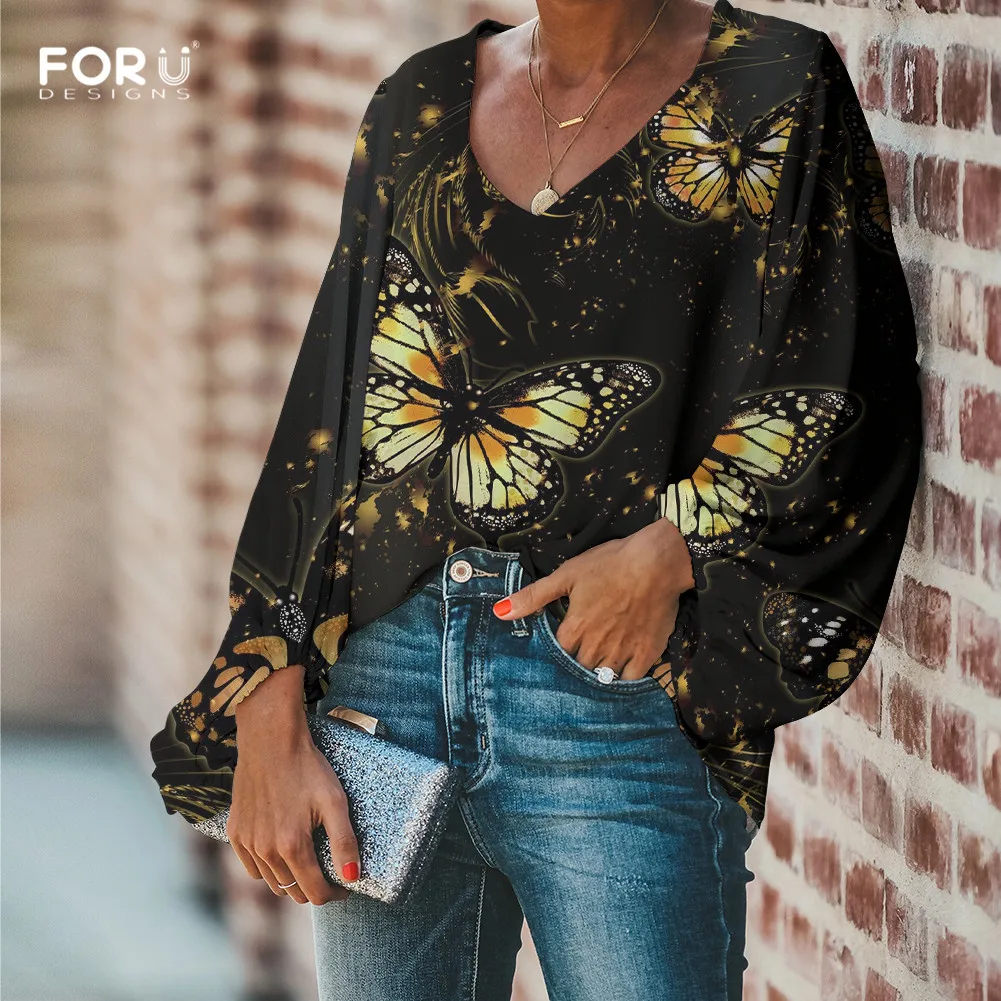 FORUDESIGNS/женские шифоновые топы с красивыми бабочками, модные женские блузки с длинными рукавами, весенние Рубашки - Цвет: HME1701B2