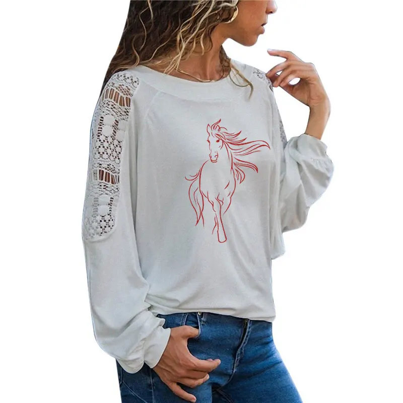 Creative Horse T Shirt Women Long Sleeve O-Neck T-shirt Woman Clothing animals Tops Girl Casual Loose Lace Top Tees