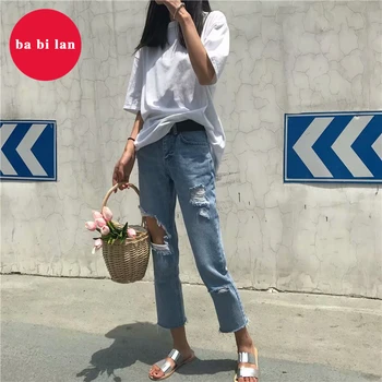 

2020 spring and summer new high-waist hole beggar jeans women autumn and winter loose large size fat mm Korean wild straight str