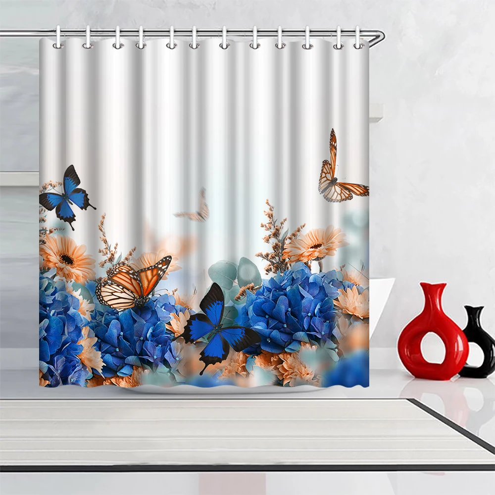 

Blue Butterfly Spring Daisy Flower Shower Curtain Floral Printed Bath Curtain With Hooks Polyester Fabric Waterproof 72x72 inch
