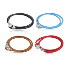 Горячая Распродажа 925 пробы Серебряный и два круга из натуральной разноцветной кожи с веревкой, на цепочке, с подвесками, подходящий браслет для женщин, ювелирный подарок