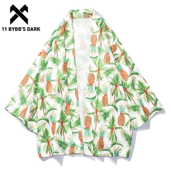 

11 BYBB'S DARK Graffiti Pineapple Printed Japanese Kimono Cardigan Shirts Mens Summer Harajuku Long Sleeve Shirt Coat Streetwear