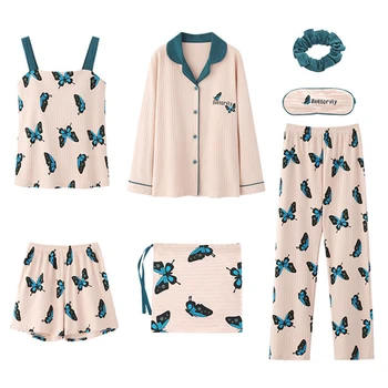

JULY'S SONG Butterfly Print Cotton Women's 7 Pieces Pajamas Sets With Chest Pad Autumn Winter Sleepwear Female Homewear