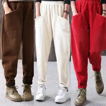 

Vintage Style Corduroy Women Elastic Waist Casual Loose Harem Pants Long Trousers Harem Pants Long Trousers