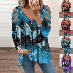 Camiseta de manga larga con cuello en V y cremallera para mujer, ropa informal, 2021