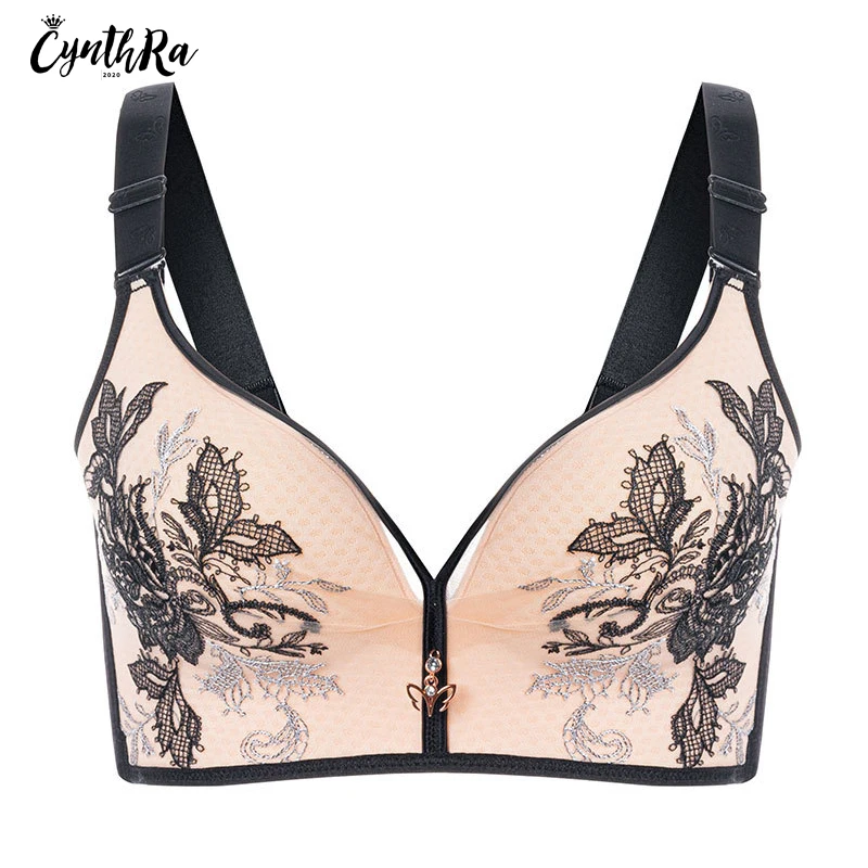 CYNTHRA Underwear Women's Sexy Large Size Exquisite Embroidered Without Underwire Gathered Push Up Adjustable Thin Lingerie