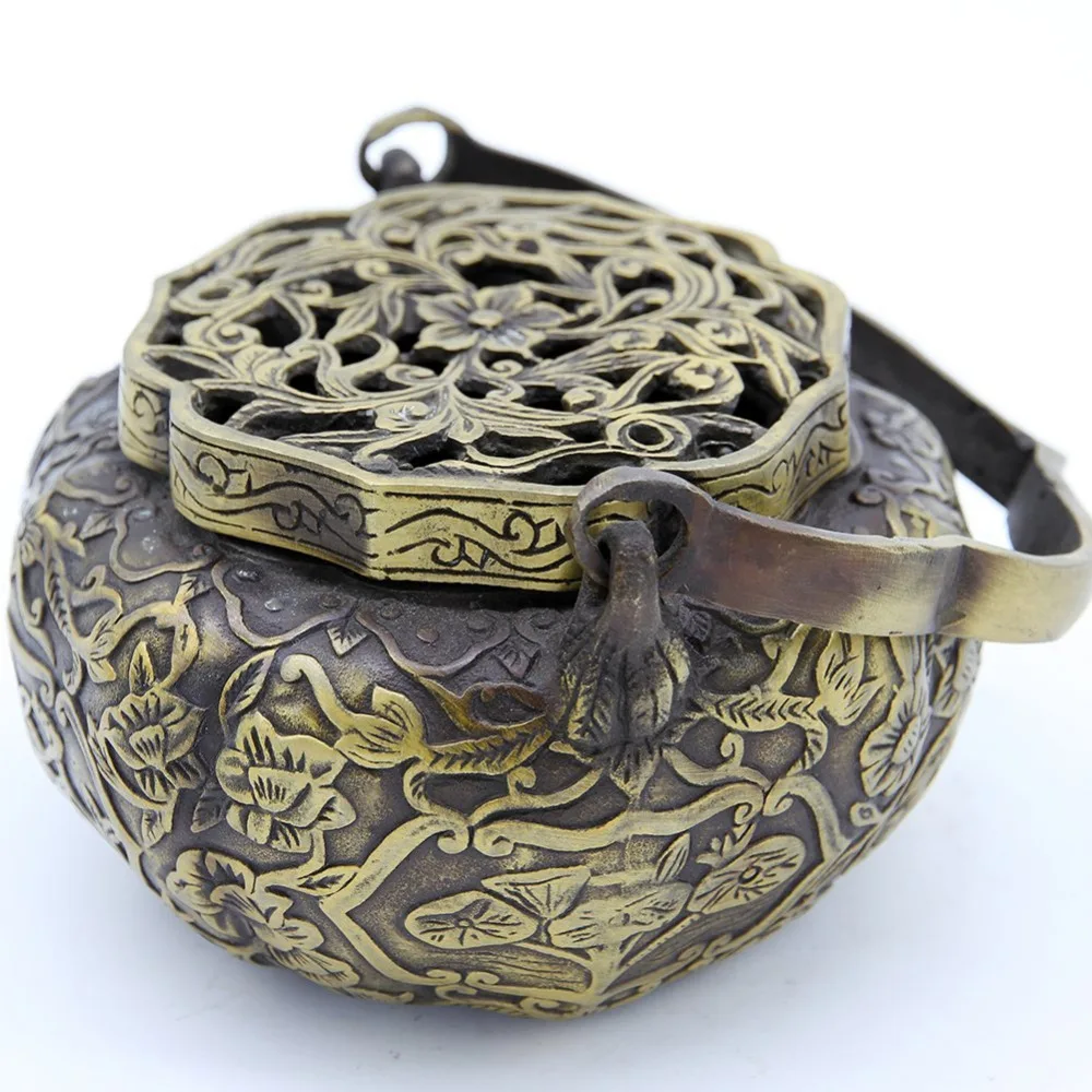

China Old Handwork Collection Carving Bronze copper Decorative pattern FLOWER incensory