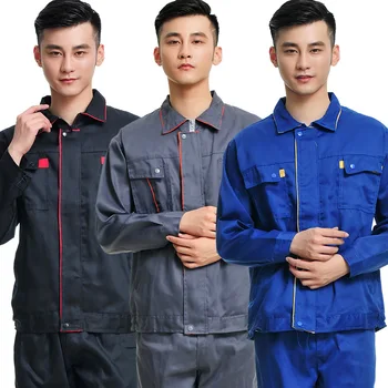 

New Men Long Sleeve Coveralls Coat Trousers 2 Pieces Set Workshop Uniforms Workers Clothing Cotton Blends