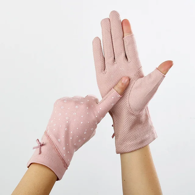 Summer Short Fingerless Anti Skid Cycling Sunscreen Glove Women Cotton Dot Bow Thin Breathable UV Touch Screen Driving Miten J79 3
