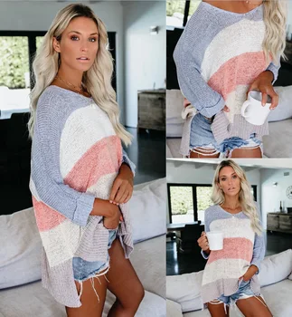 

Autumn Winter Women Sweater Patchwork Color Knitted Loose Plus Size Sweaters