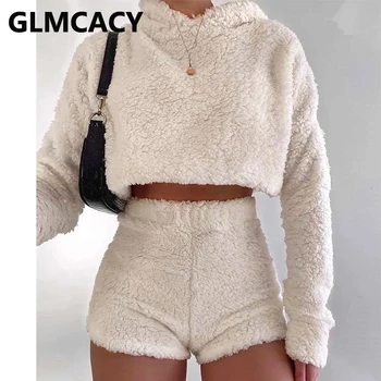 

Women Fuzzy Two Pieces Outfits Fluffy Long Sleeve Top and Bodycon Shorts Set