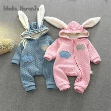 Зимняя одежда для малышей с кроликом; 2 цвета; розовый, синий; теплый комбинезон на молнии с капюшоном и заячьими ушками; милая одежда для близнецов