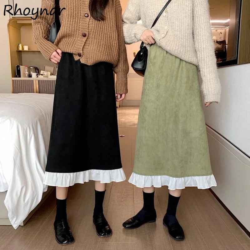 

High Elastic Waist Skirts Women Patchwork Autumn Preppy Look Comfort Design Korean Style Tender Vintage Basic Prevalent Friends
