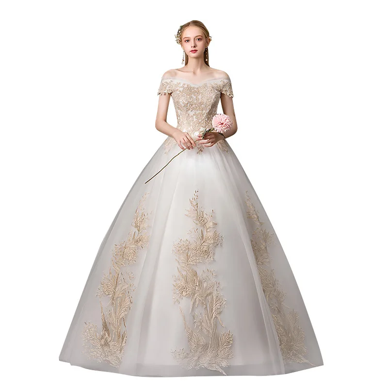 

Sexy Boat Neck Off The Shouldrer 2019 New Wedding Dress Elegant Lace Embroidery Simple Princess Wedding Gown Robe De Mariee