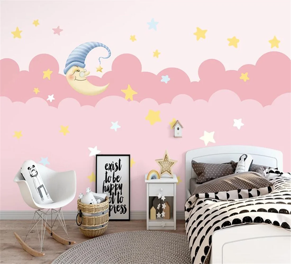 

Beibehang wall papers home decor Customized modern Hand painted cute moon starry pink children's room background 3d wallpaper