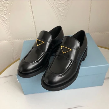 

Luxury Brand Shoes Women Triangular High Platform Flat Loafer Shoe for Women Black Leather Round Toe Single Shoes Zapatos TT47