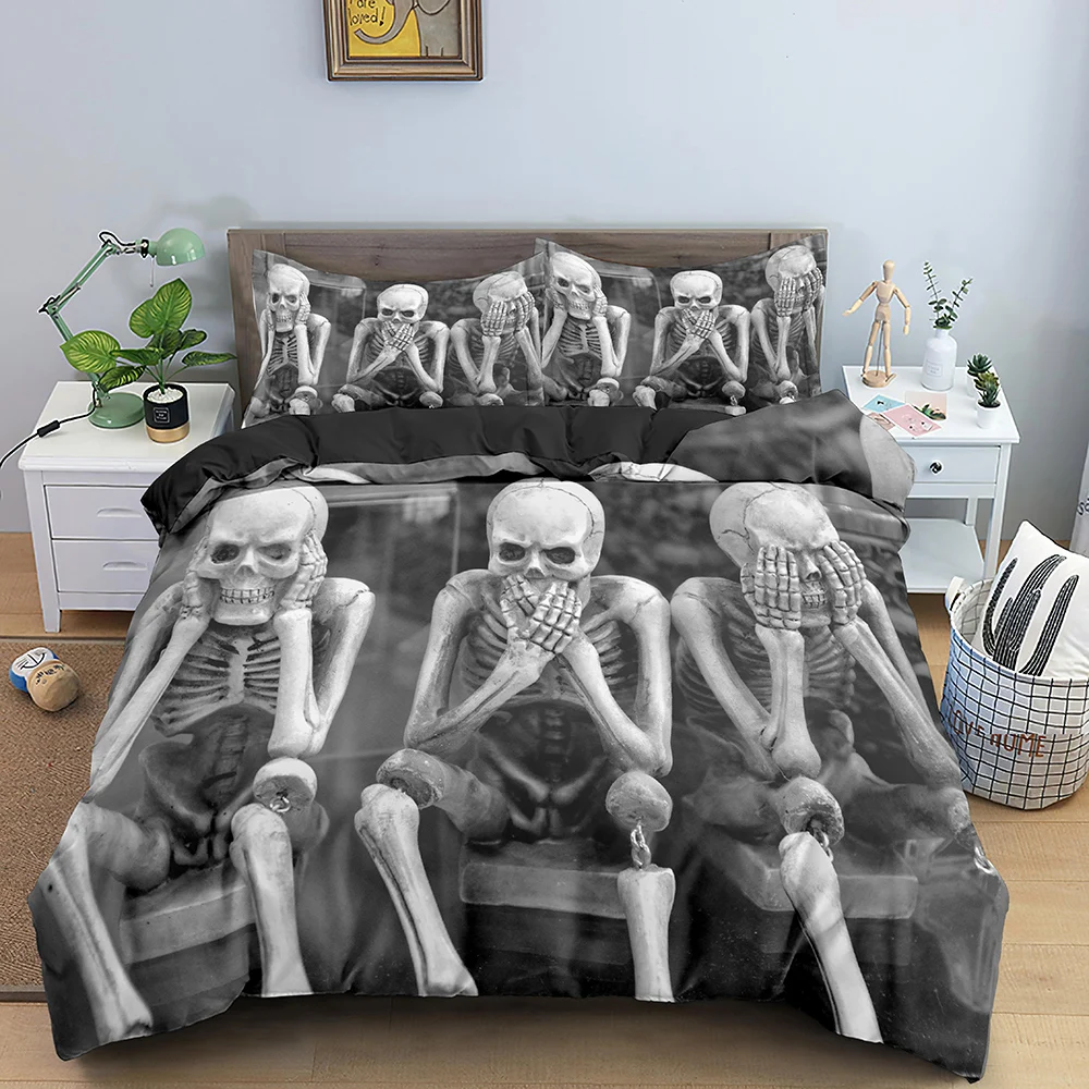 

3D Skull Duvet Cover 220x240 Skeleton Bedding Set Luxury Quilt Cover With Zipper Closure 2/3pcs Queen Size Comforter Sets