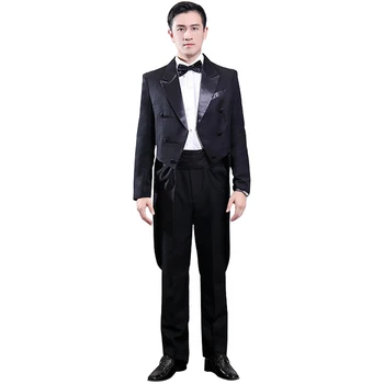 

2020 England Gentleman Two-piece Black Hosted Groom Wedding Tuxedo Set Classic Long Coat with Pants