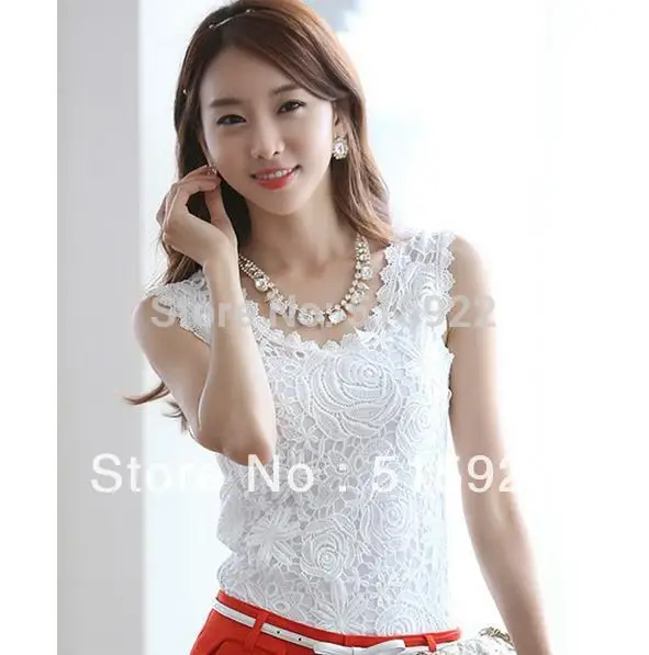 Женская кружевная жилетка плюс размер Новинка 2017 базовая блузка без рукавов 2