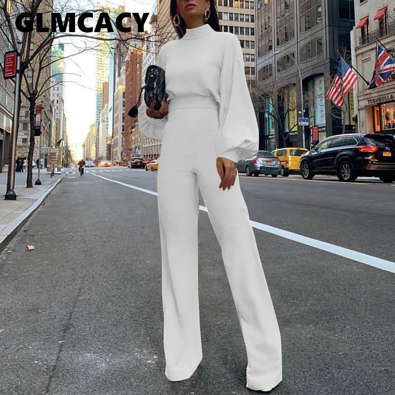 

Women Elegant Fashion Slim Fit Jumpsuits Solid Skinny Casual Overalls Office Look Work Lantern Sleeve Mock Neck Jumpsuits