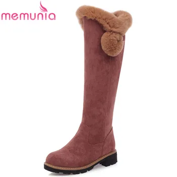

MEMUNIA 2020 new arrival knee high boots women flock round toe square heels warm winter boots fashion casual shoes woman