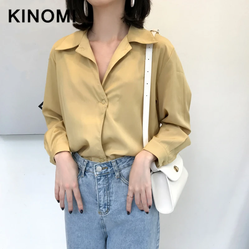 

KINOMI Autumn Long Sleeve Blouse Turn Down Collar Solid Color Wave Button Basic Casual Shirt Autumn Blouses Female