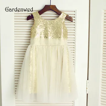 

Gardenwed 2019 Simple Gold Sequin Shiny Baby Gown Round Neck Ivory Outer Flower Girls Dress Gold Formal Dresses Little Girls