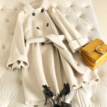 

100% Wool 2020 new spring double sided cashmere coat women's short albaca wool coat beige hepburn belt sashes woollen overcoat