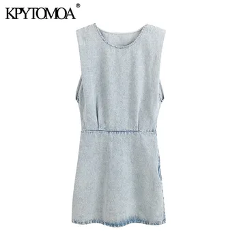 

KPYTOMOA Women 2020 Chic Fashion With Shoulder Pads Denim Mini Dress Vintage O Neck Short Sleeve Female Dresses Vestidos Mujer
