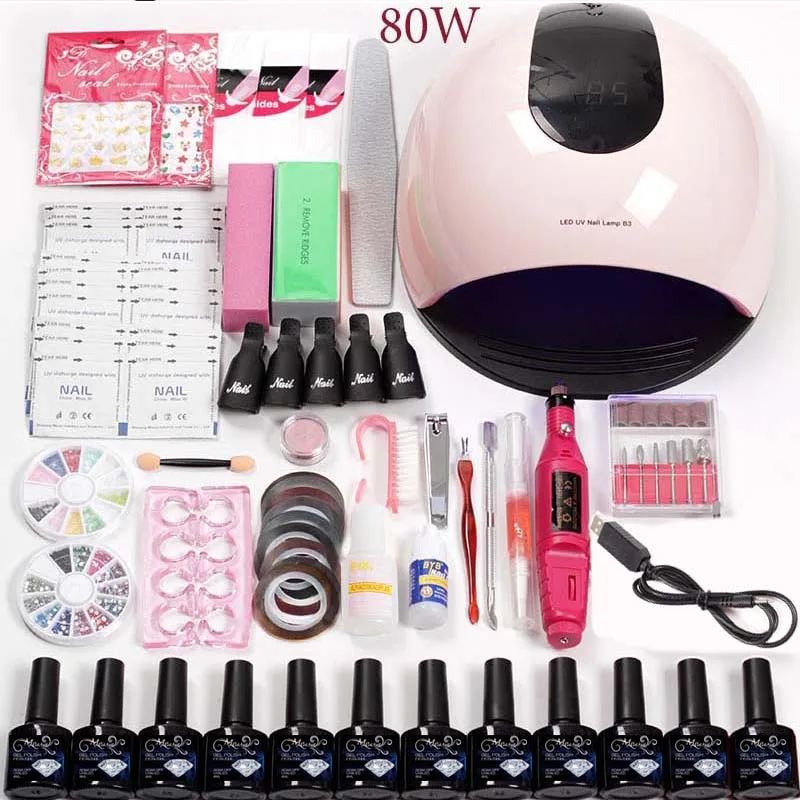 A set 10 nail gel Профессиональный акриловый набор для наращивания ногтей, 10 цветов, набор гель-лаков для ногтей с УФ лампой 36 Вт/80 Вт, сверлильный станок для ногтей, инструменты для дизайна - Цвет: A set 10 nail gel