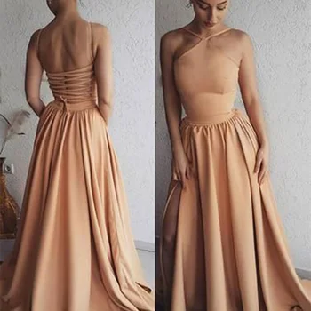 

Halter Prom Dress Spaghetti Strap Corset Long Dress For Party Side Split Floor Length Satin A-Line Evening Gown Vestidos De Gala
