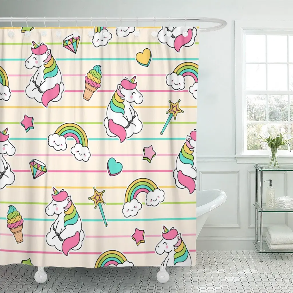 Colorful Doodle Cute Girls Patches with Unicorn Rainbow Diamond Ice Cream Magic Wand Star Heart Abstract Shower Curtain Polyeste