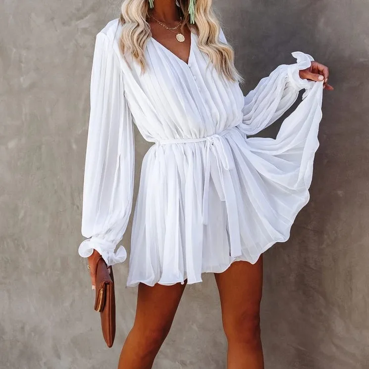 High Quality Chiffon Bikini Cover-ups Sexy V-neck Self Belted Summer Dress White Tunic Women Beach Wear Swim Suit Cover Up A396