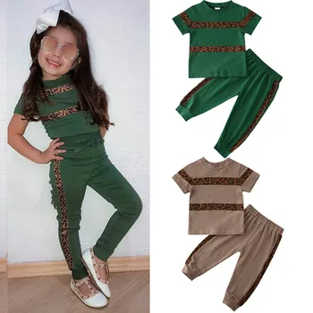 

2020 Newest Hot Baby Summer Clothes 1-5T Toddler Kids Baby Girls Short Sleeve Shirt Top Pants 2Pcs Set Leopard Patchwork Outfits