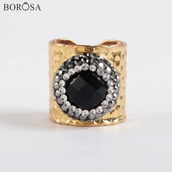 

BOROSA Black Agates Natural Stone In Gold Ring New Arrival Gems Cubic Zirconia Ring Adjustable Rhinestone Rings for Women JAB980